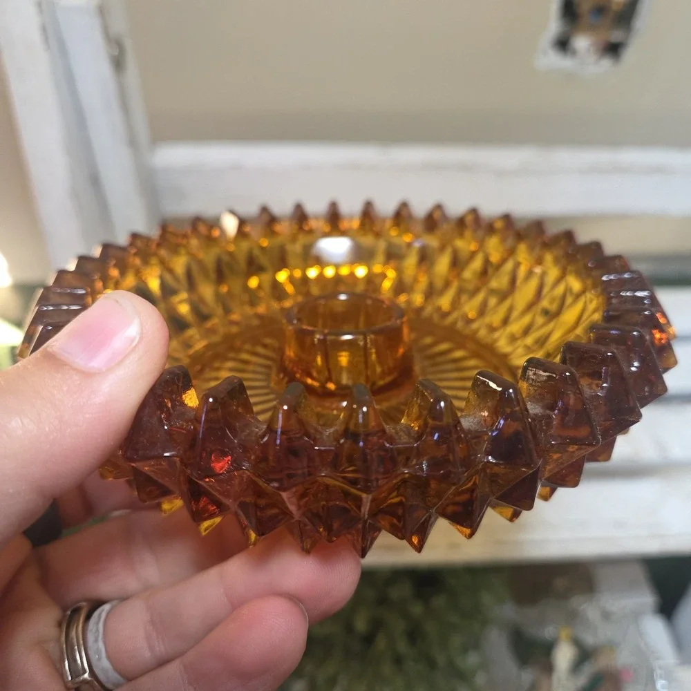 Vintage Set Of 2 Indiana Glass Tiara Amber Diamond Point Glass Candle Holders